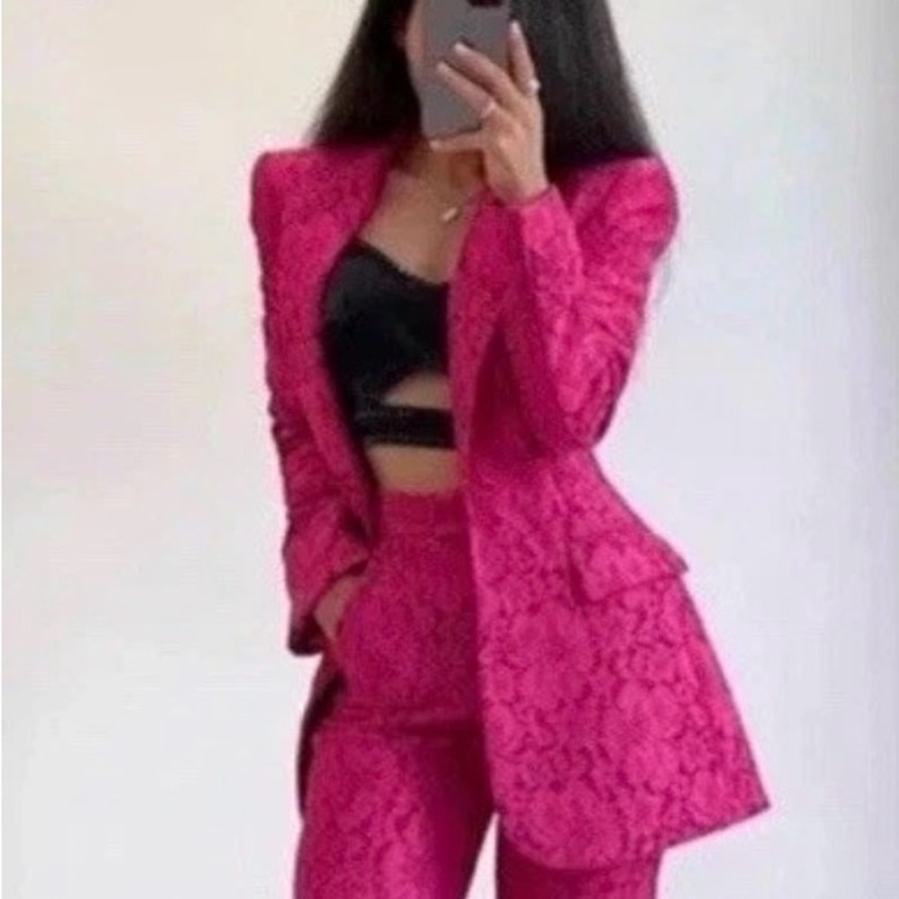ZARA NEW WOMAN FITTED LACE BLAZER FLORAL JACKET FUCHSIA SMALL
